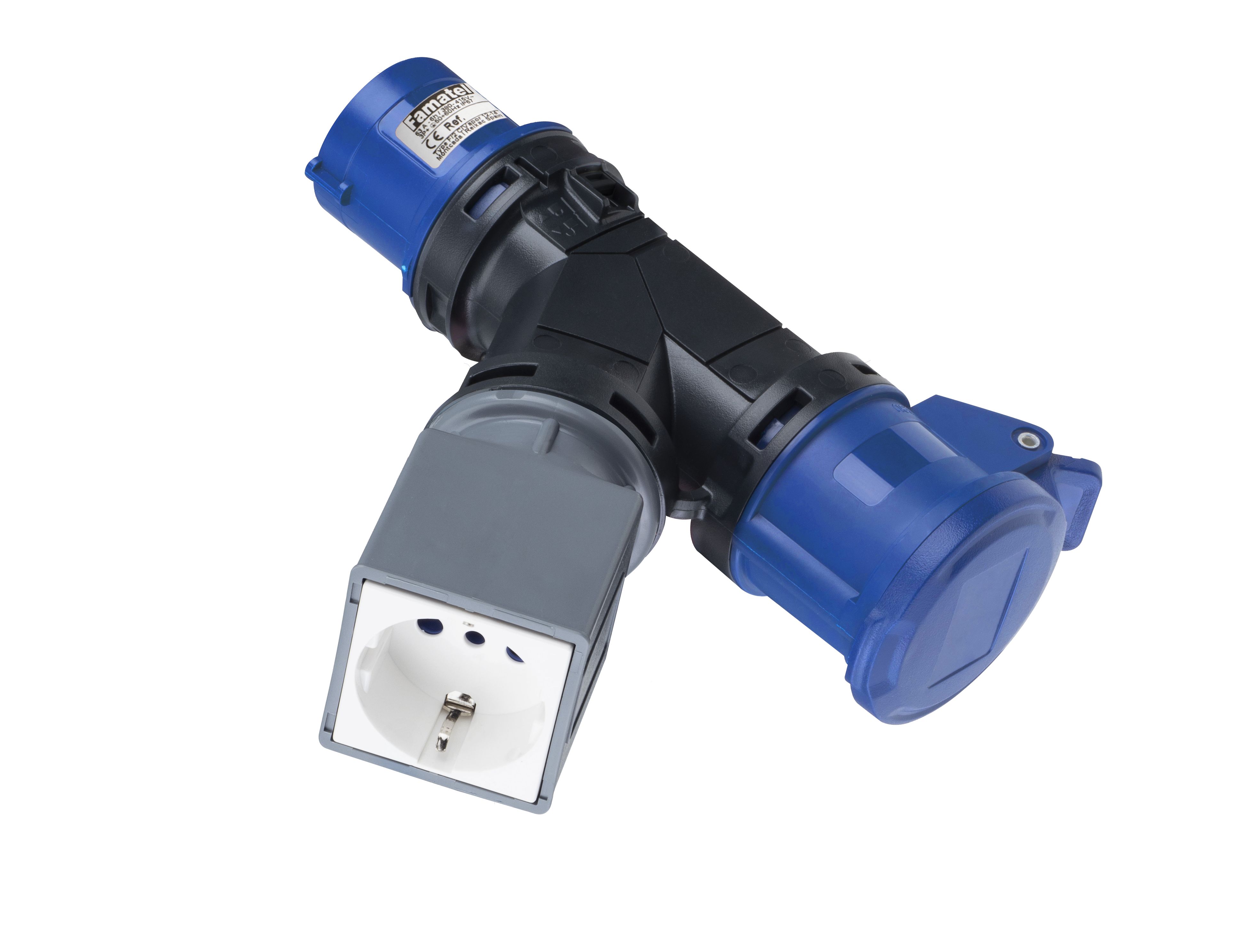 Adaptador ficha CEE - tomada CEE + tomada doméstica