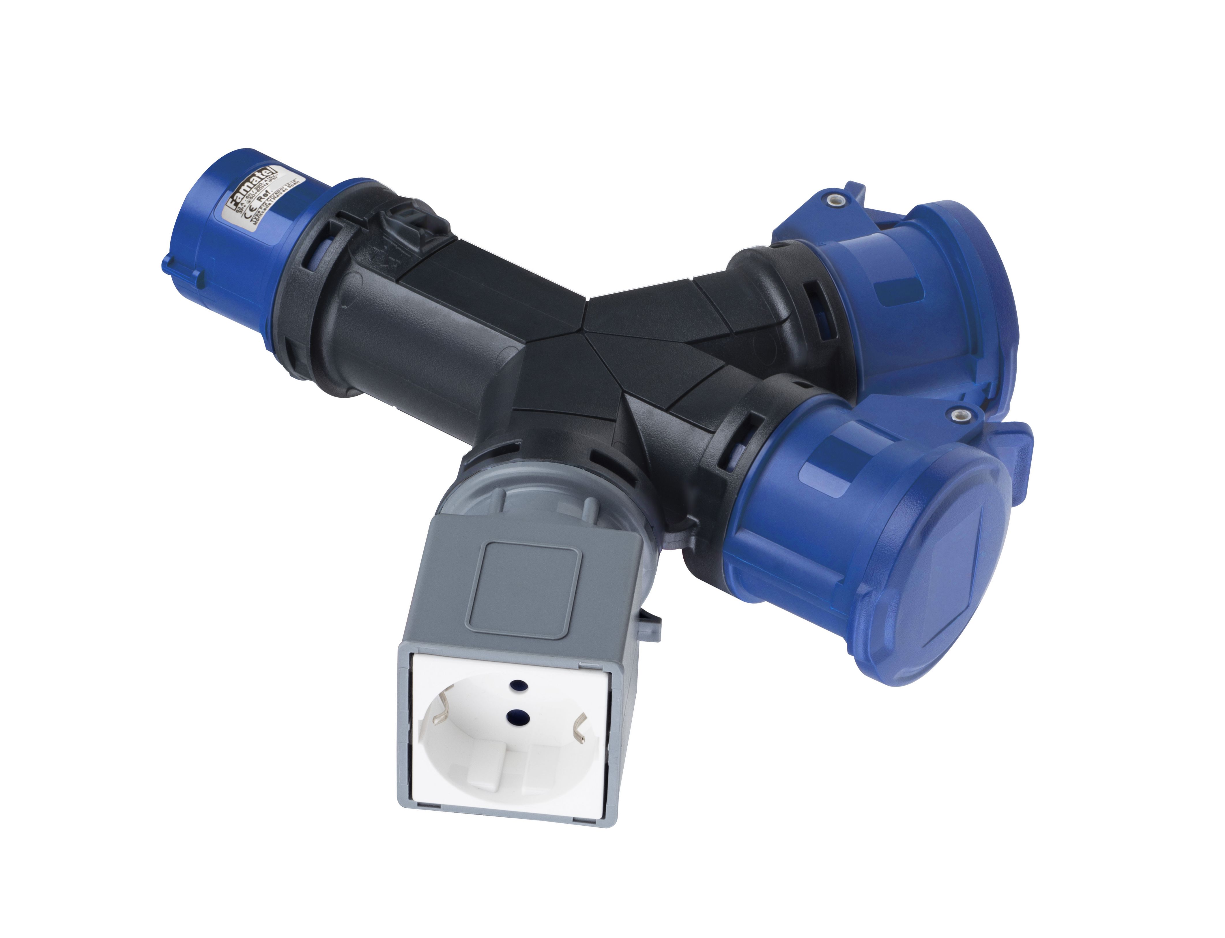 Adaptador de ficha CEE - 2 tomadas CEE + 1 tomada doméstica