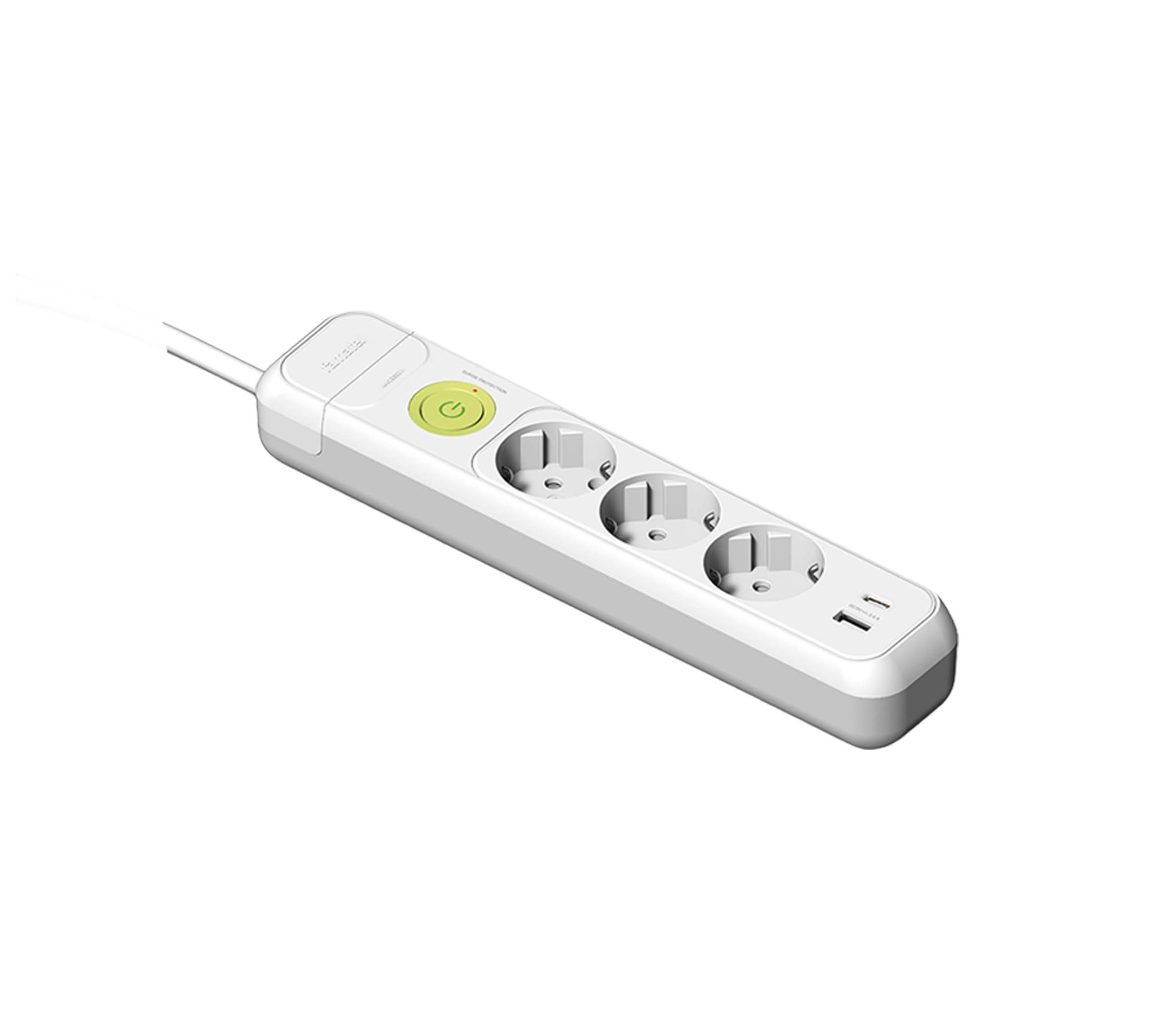 Base 3 tomas 16A, interruptor, 2 USB + 1.5m m cable