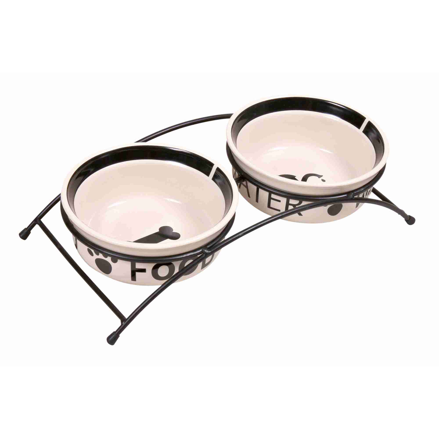 Set Comedero Cerámica + Pie, 2 x 0.6 l, ø15 cm, Blanco-Negro