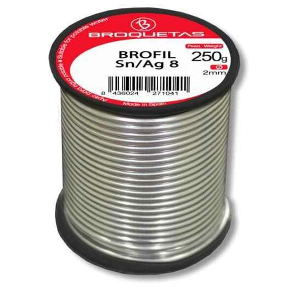 HILO ESTAÑO PLATA MACIZO SIN PLOMO PARA SOLDADURA BLANDA BROFIL SN/AG 8 Ø2MM  CARRETE 250 GRAMOS.