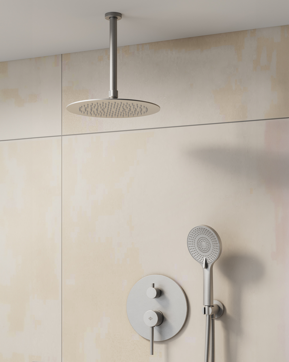 MITIGEUR DOUCHE ENCASTRE SIRIO NICKEL + TETE AU PLAFOND - 3086NK+3026NK+3059NK
