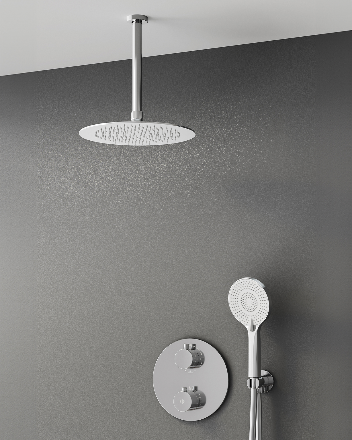 MITIGEUR DOUCHE THERMOSTATIQUE ROUND CHROME + TETE AU PLAFOND - 3082+3026+305