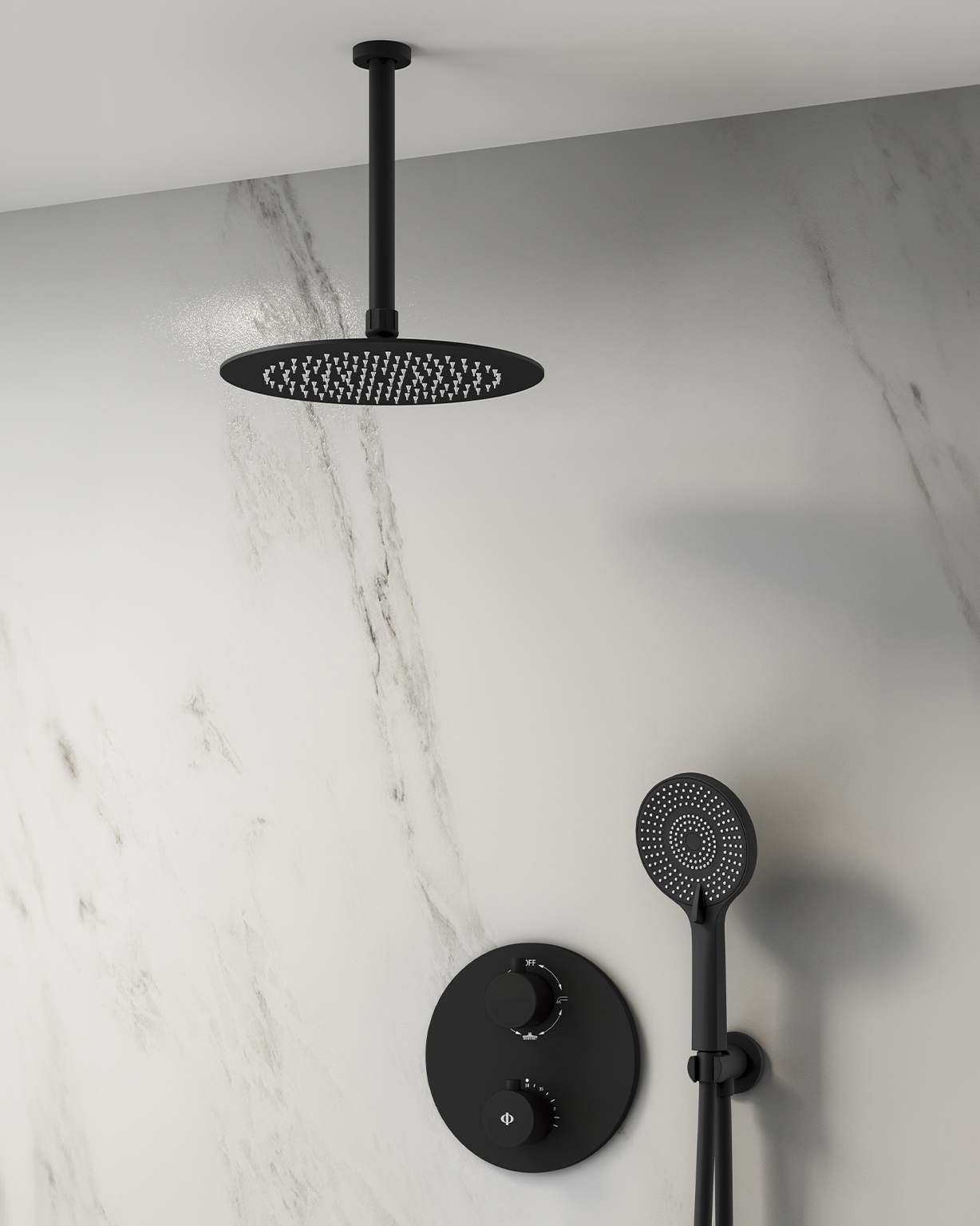MITIGEUR DOUCHE THERMOSTATIQUE ROUND BLACK + TETE AU PLAFOND - 3083+3162+3155