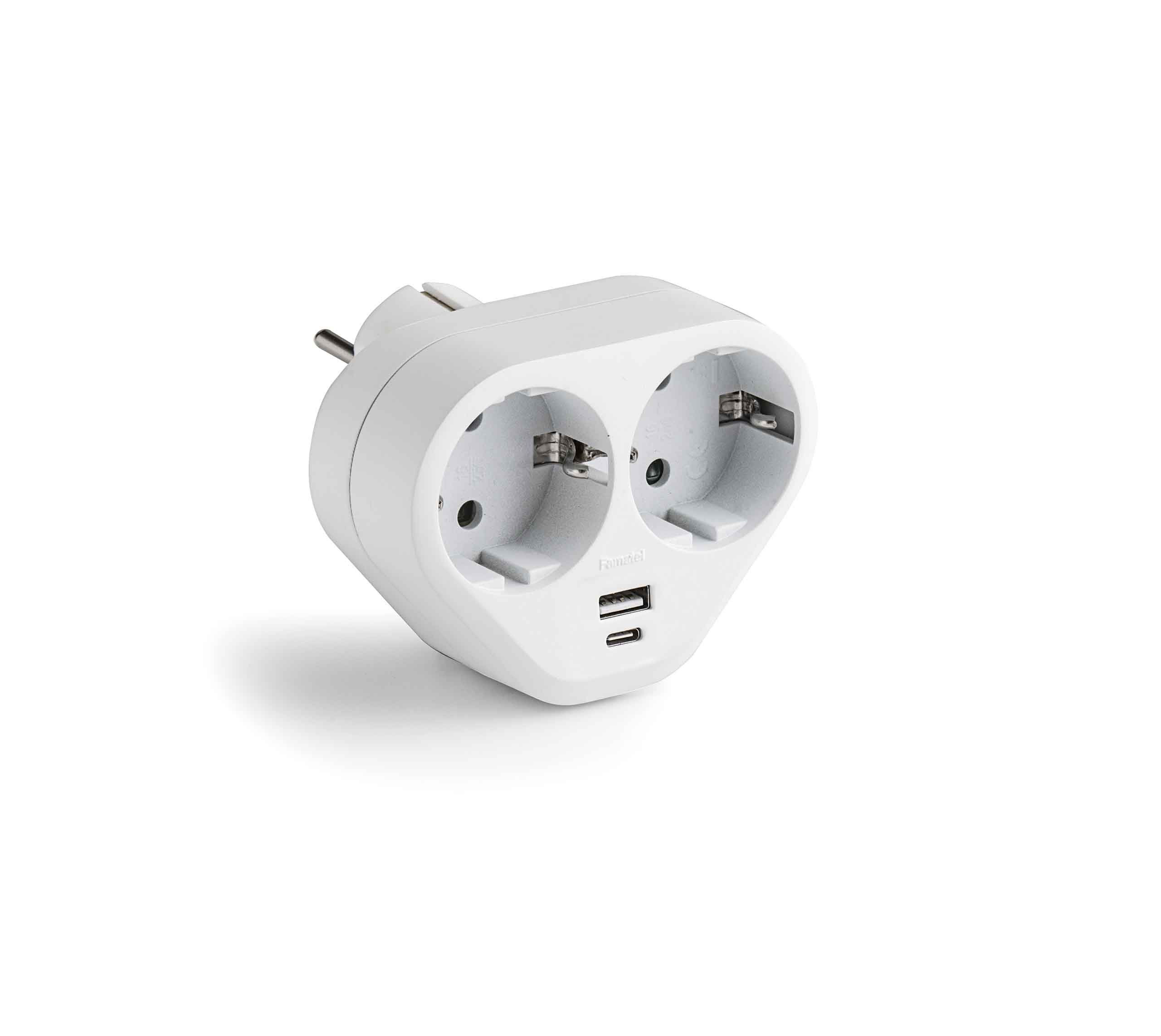 NEX | Adaptador Schuko con 2 bases 16 A y cargador USB A+C 3,4 A