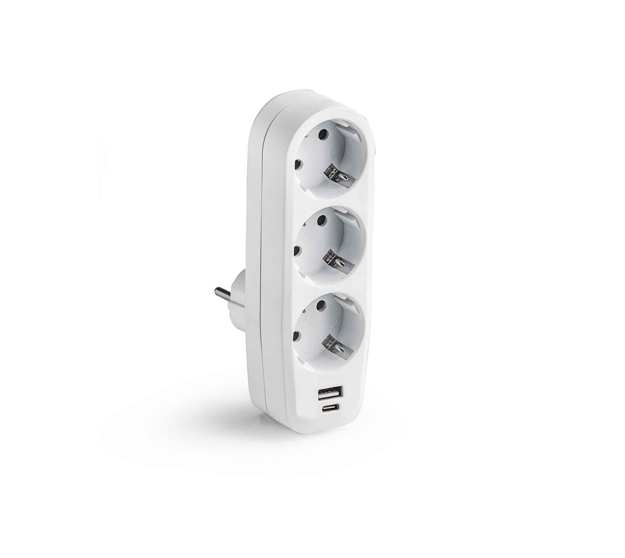 NEX | Adaptador Schuko con 3 bases 16 A y cargador USB A+C 3,4 A