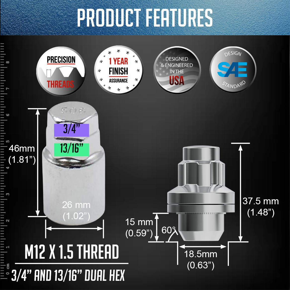 4 Locks + Key M12x1.5 12x1.5 Thread OEM Style Wheel Locks 1.5