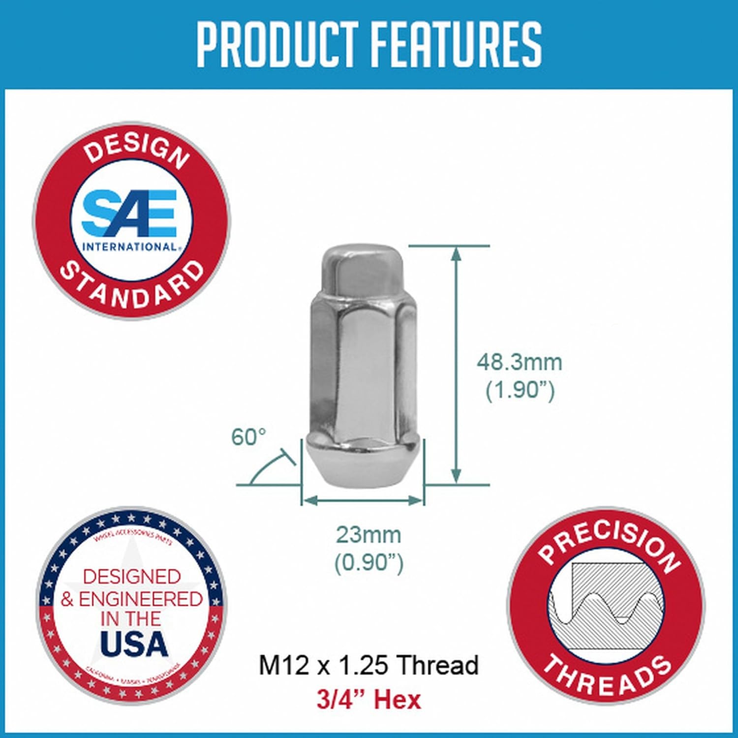 24 Pcs M12 x 1.25 12 x 1.25 Thread Bulge Acorn 1.90