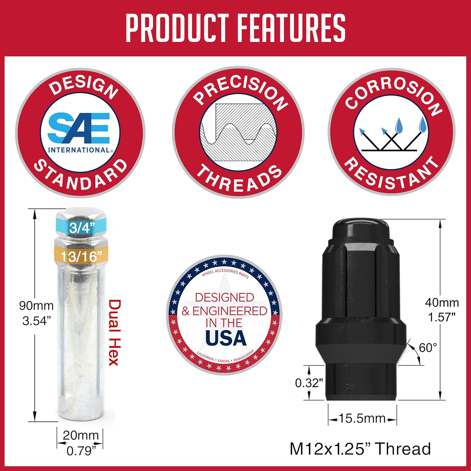 24x Black 1.4 Tall M12x1.25 Bulge Acorn Lug Nut 3/4 Hex Fit