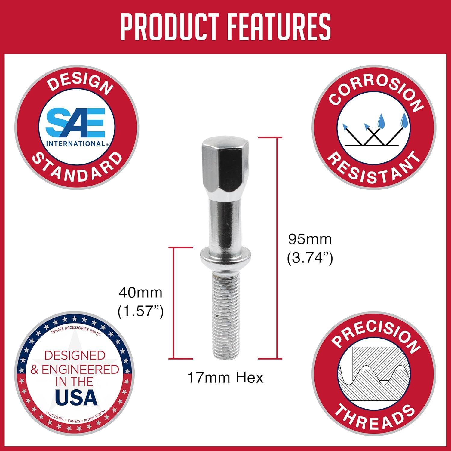 Get A Perfect Fit: 20-Pack CTM Chrome Ball Seat Lug Bolts (M12x1.5, 33mm Shank) For Wheel Spacers