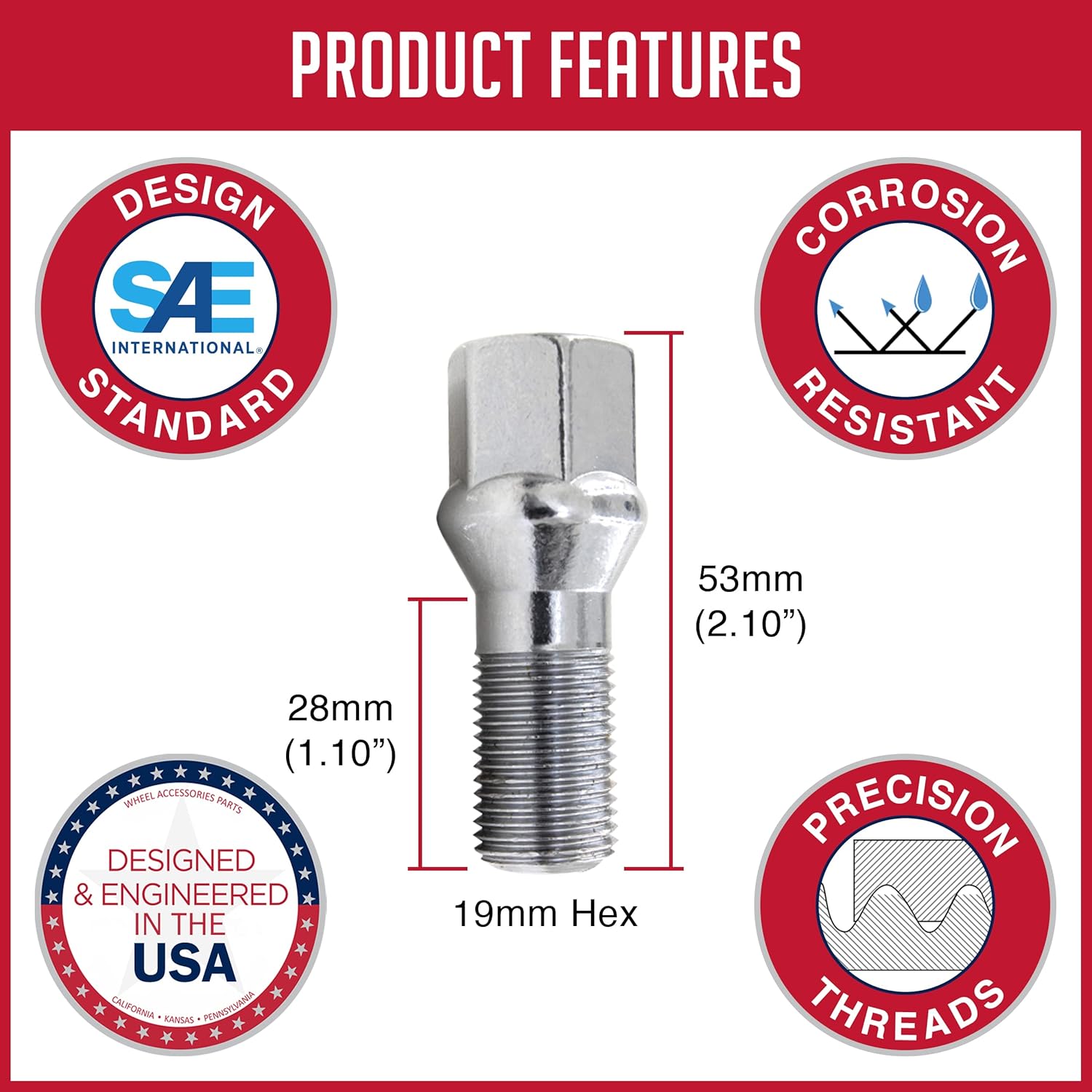 20-Pack 12x1.25 Acorn Black Conical Lug Bolts – 17mm Hex, 28mm Shank – Xlugs.com