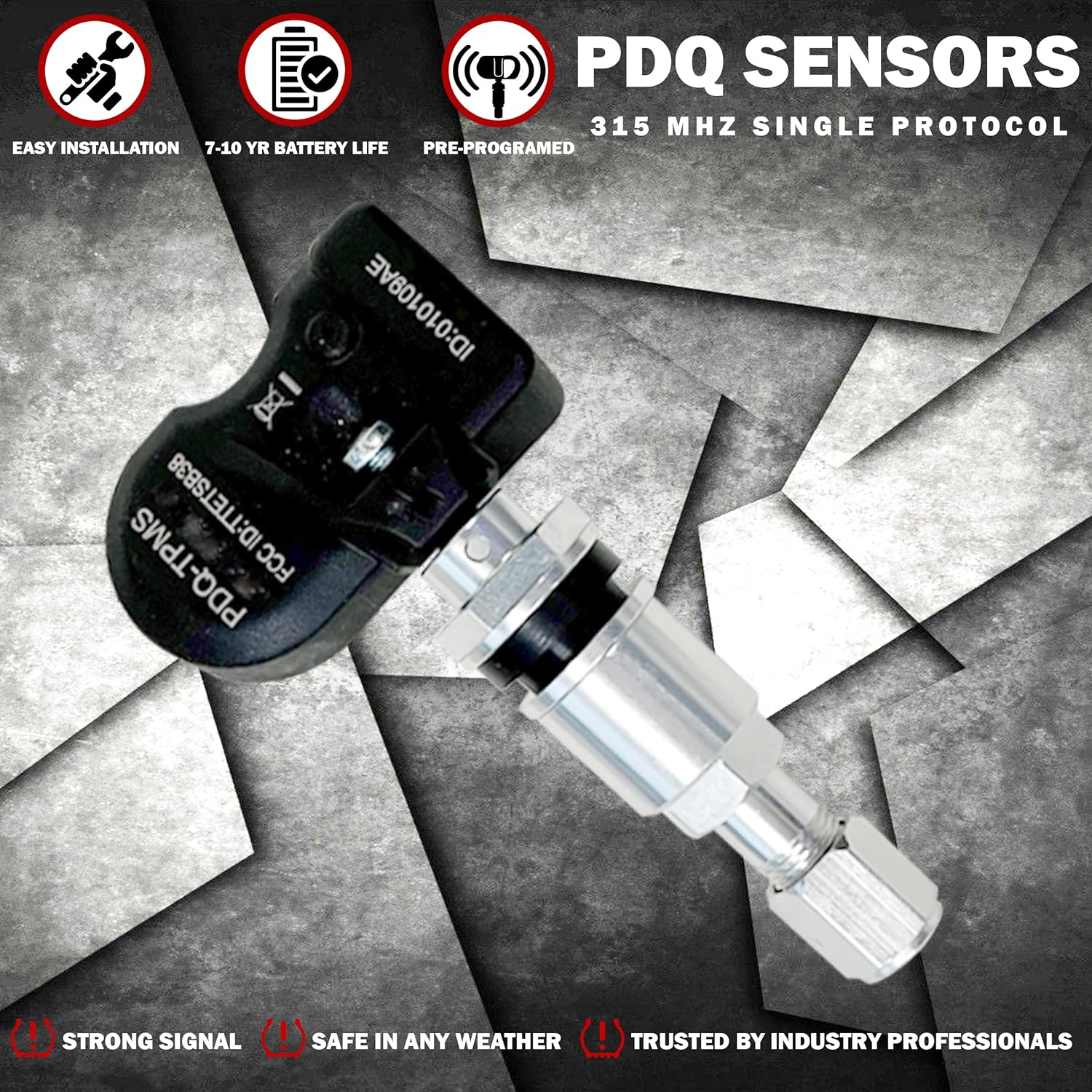PDQ TPMS 315 MHZ Tire Pressure Sensor 4 Pack Metal Stem For Chrysler Dodge Hyundai Kia Jeep Mitsubishi Direct Replacement For OE Part # 56029319AC | 56029465AC | 56029479AB | 56053030AC | 68001696AB