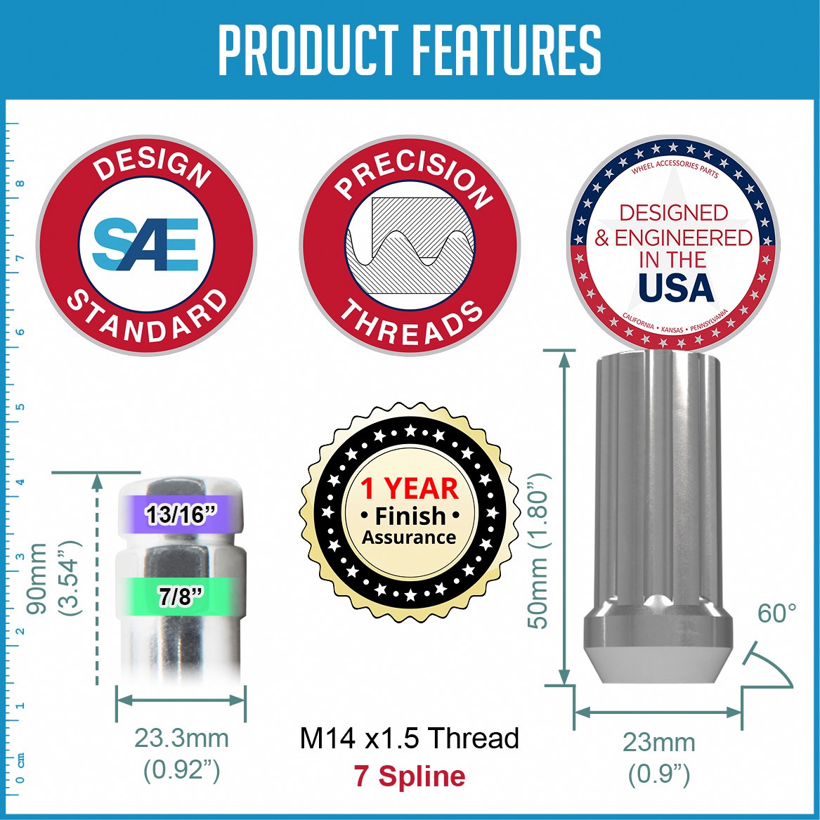 Chrome Lug Nuts For 1988-1998 Chevy C-1500 Pickup – M14x1.5, 7 Spline Drive, 20-Pack + 2 Keys (Rdcobra91)