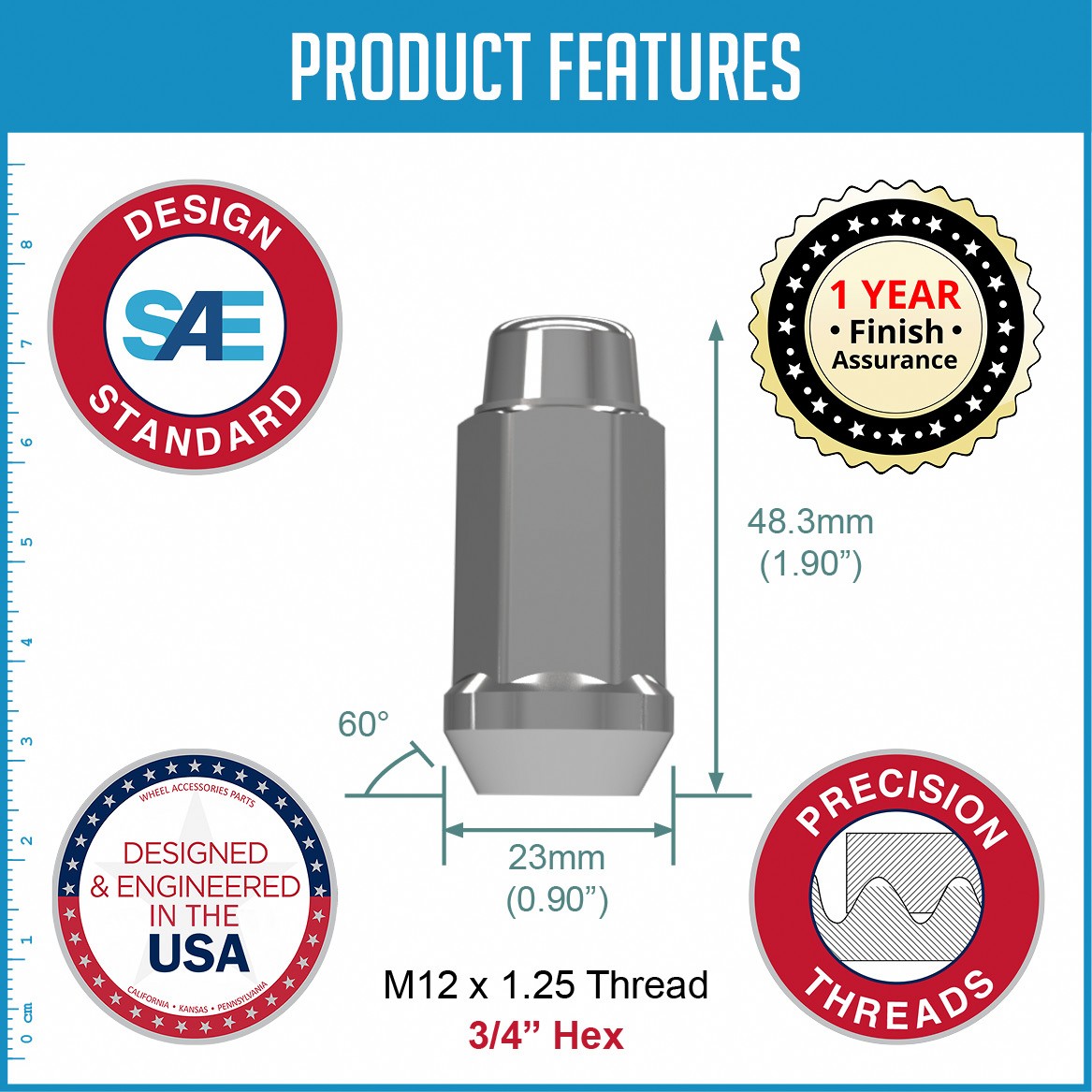 60 Pcs M12 x 1.25 12 x 1.25 Thread Bulge Acorn 1.90