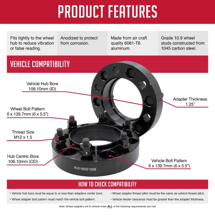 BWA 4-Pack 1 Inch Hub Centric Wheel Spacers – 6x5.5 (6x139.7), CB 106mm, 12x1.5, Fit Toyota Tacoma