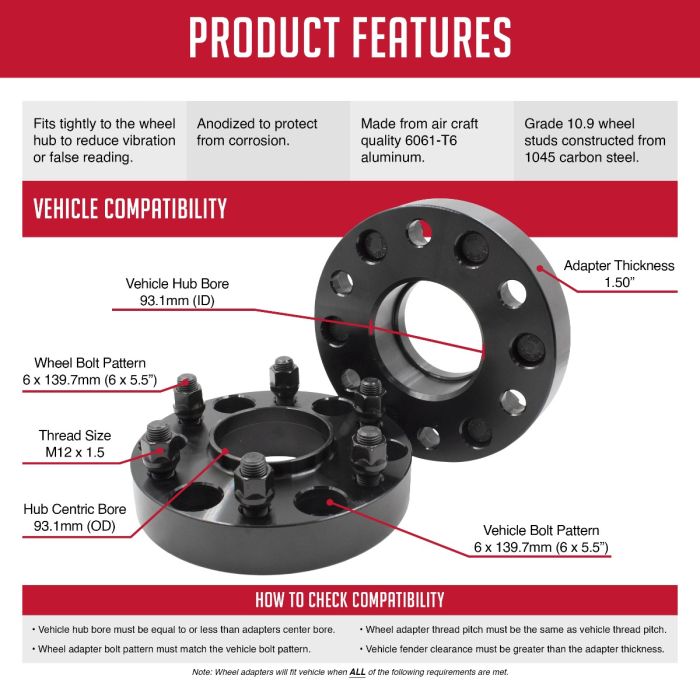 4-Piece Wheel Spacers 6 Lug X 5.5" (139.7mm) 1/4" Thick - AP-603, Aluminum, Easy Install