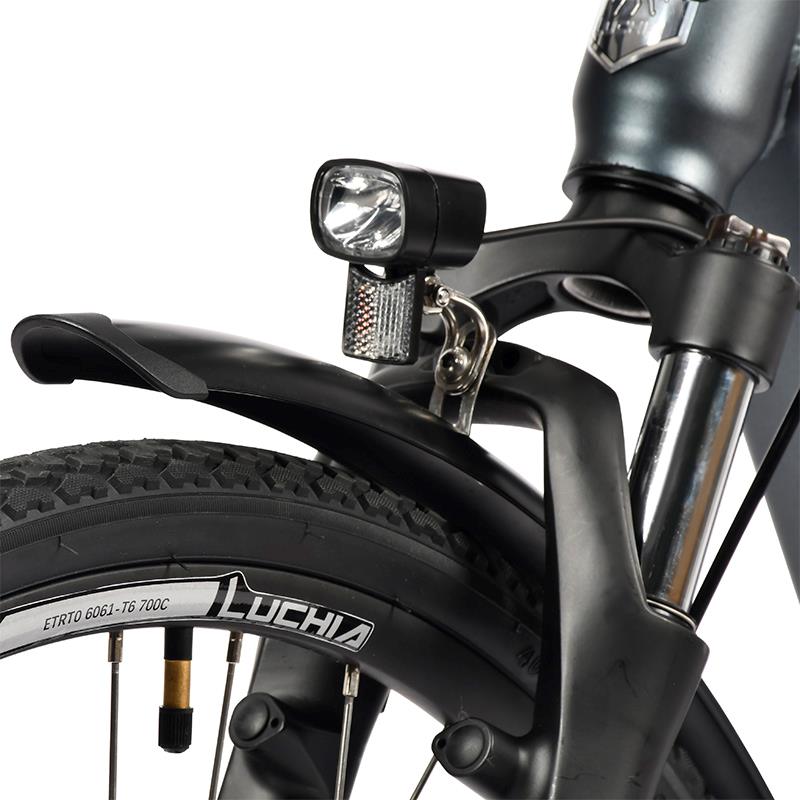 Bicicleta eléctrica urbana Antares azul 700C con marco de aluminio y frenos de disco