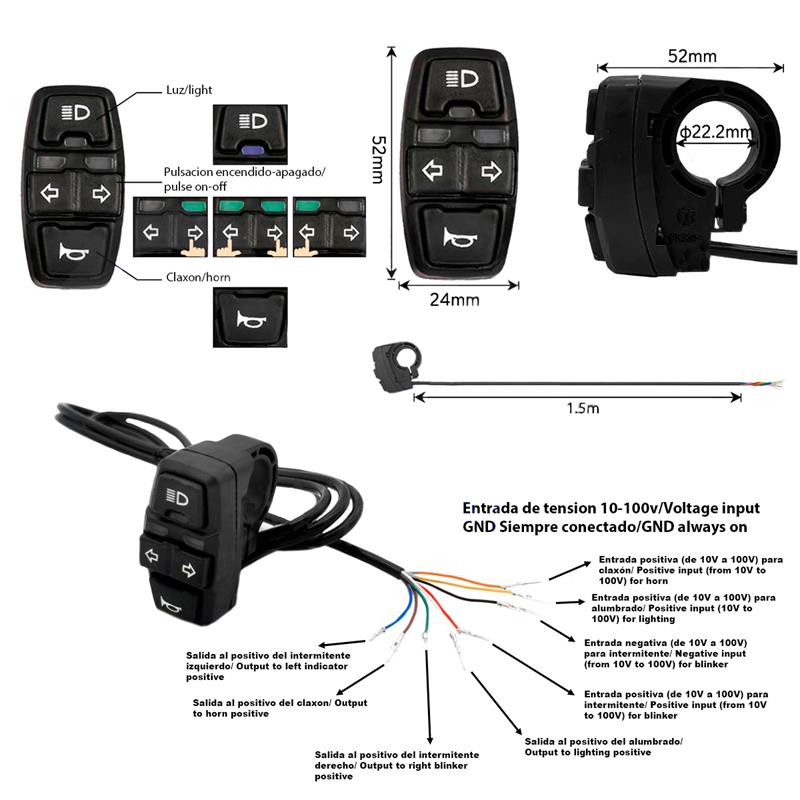 Botonera BSK321 con Intermitentes, luz y claxon con conector SM 1,5M - RuedaQrueda