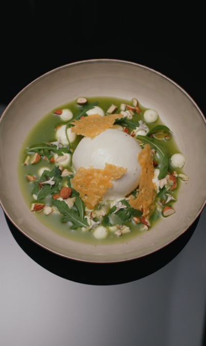 Burrata con zumo verde, brotes y crema de ajo