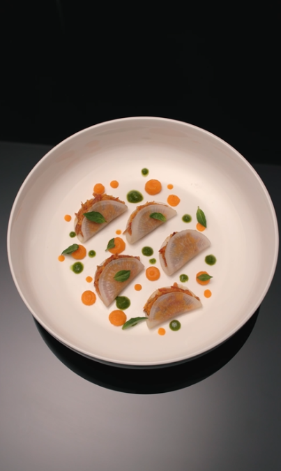 Ravioli de Daikon con pato y crema de boniato