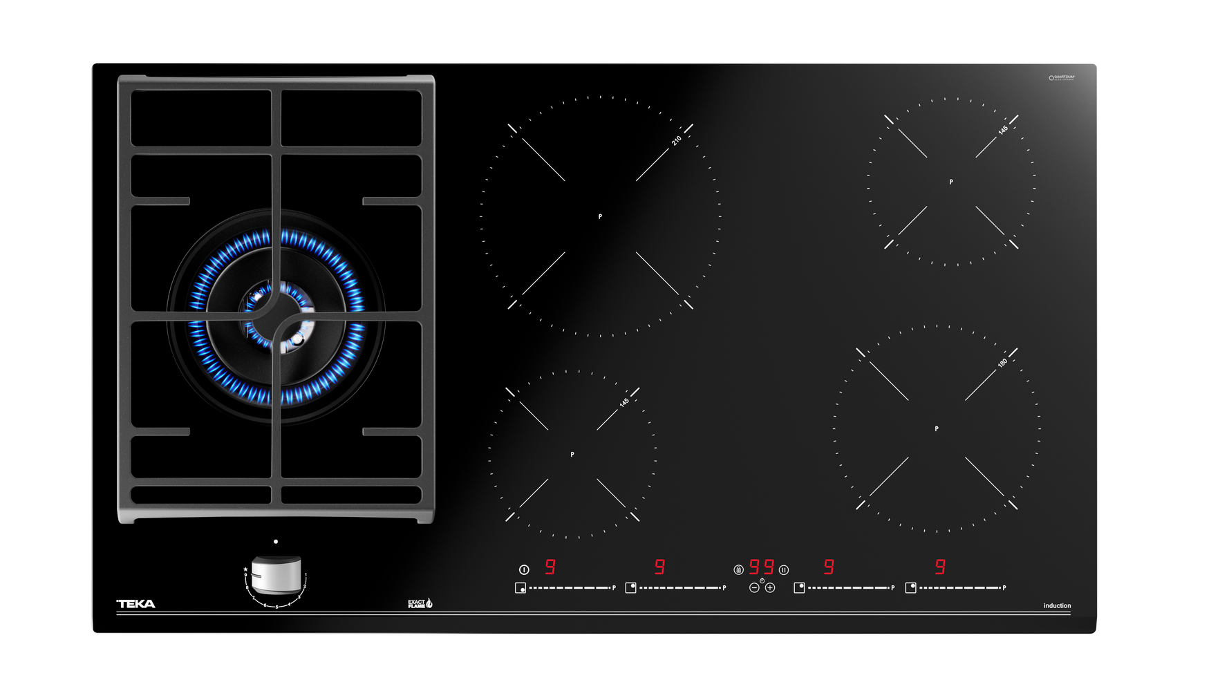 Gas on glass + Induction hob with Direct Functions and 5 cooking