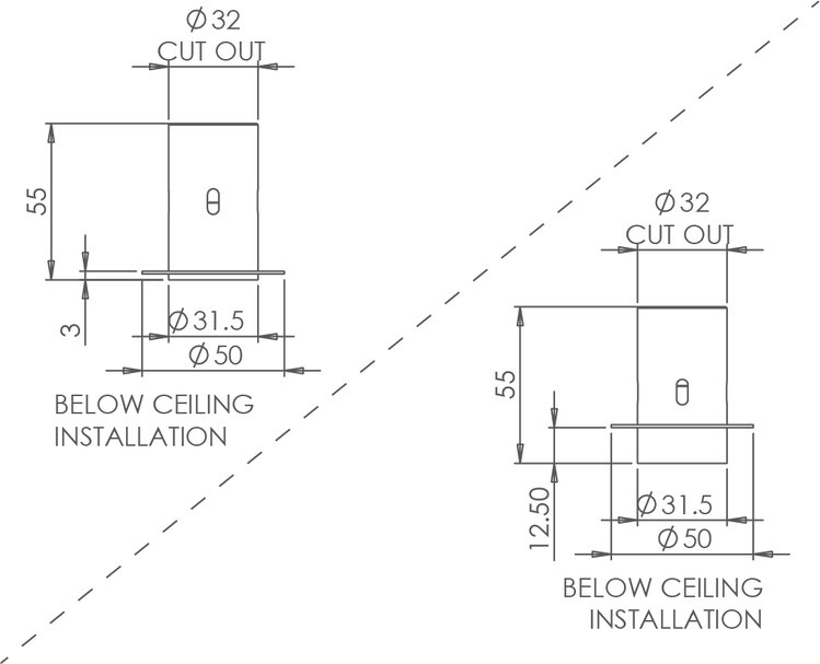 Polespring 30 Trimless Fixed Downlight main image Polespring 30 Trimless Fixed Downlight technical image