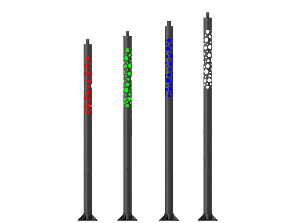 Cylindrical, straight aluminium lighting poles with illuminated decorative graphic