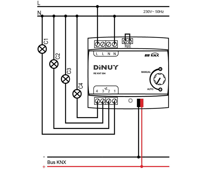 4-CHANNEL RLC+LED DIMMING ACTUATOR – RE KNT 004 - Installation scheme - Dinuy