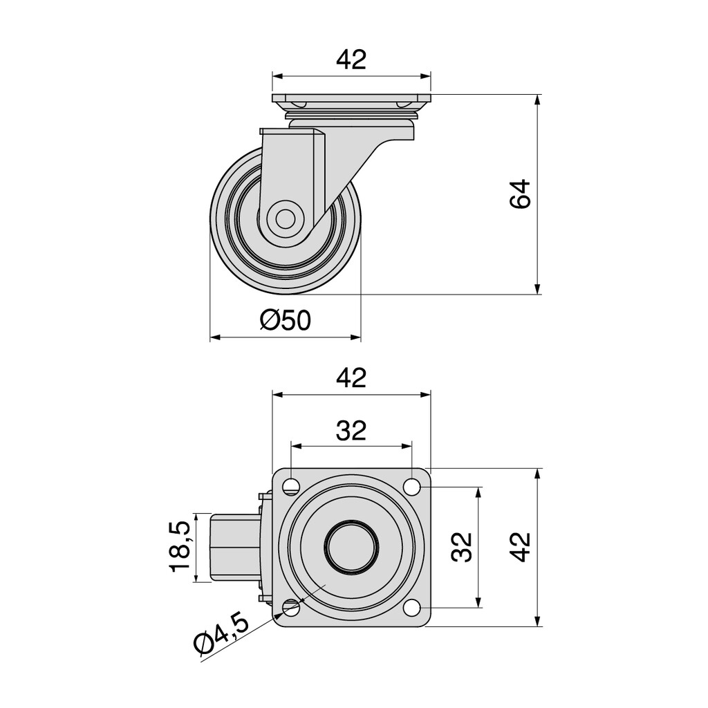Lot of 4 castors Slip with mounting plate, diameter 50mm, Steel and Plastic, Plastic Grey-1