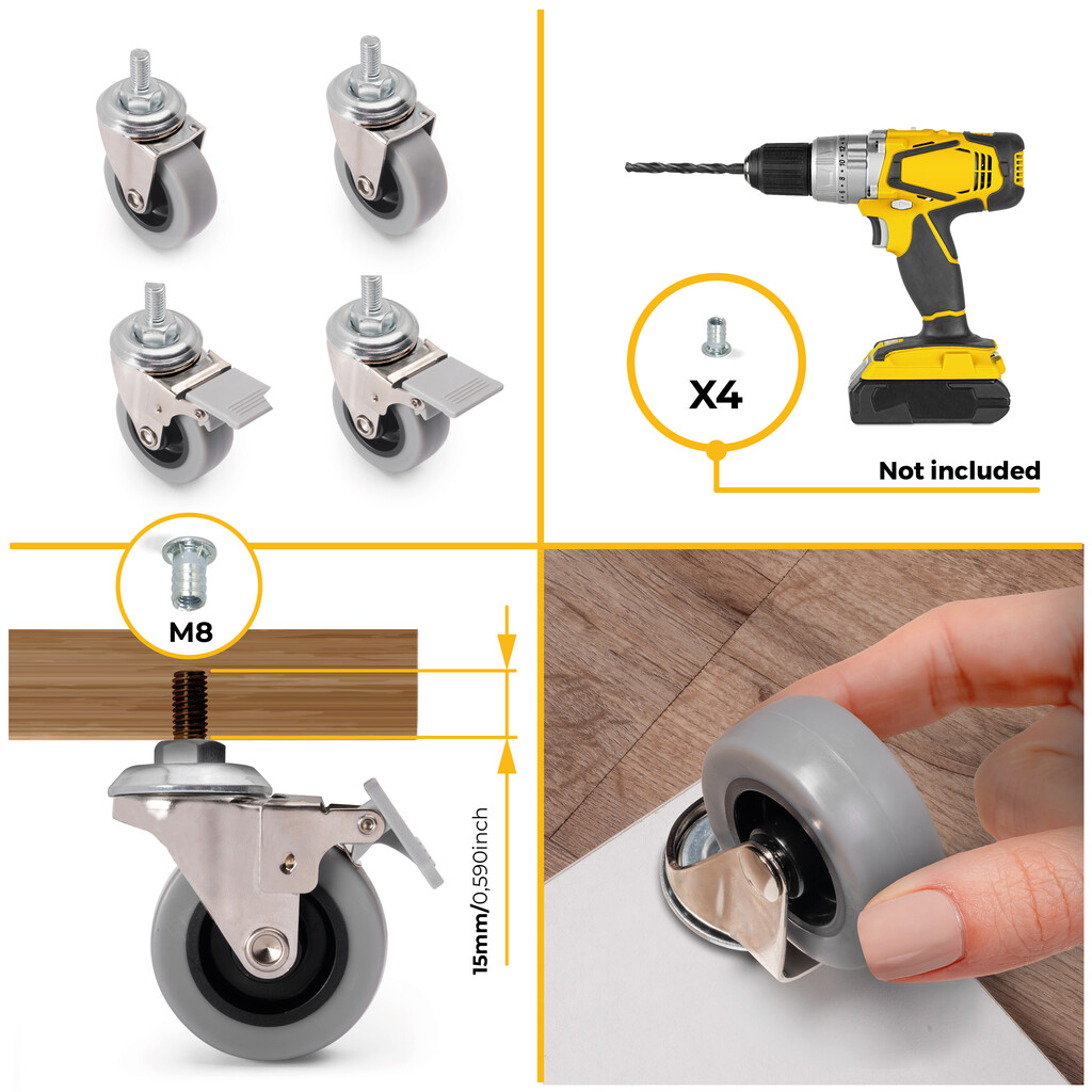 Lote de 4 ruedas Slip con perno, diámetro 50mm, Acero y Plástico, Plástico gris-4