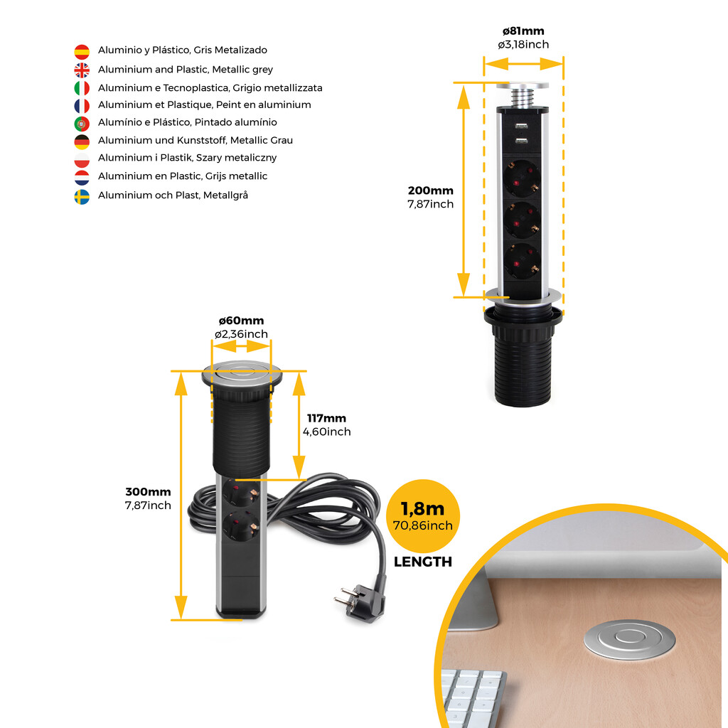 Multiconector extraíble Vertikal, 3 enchufes tipo Schuko, 2 USB tipo A, Plástico y Aluminio, Gris metalizado-3