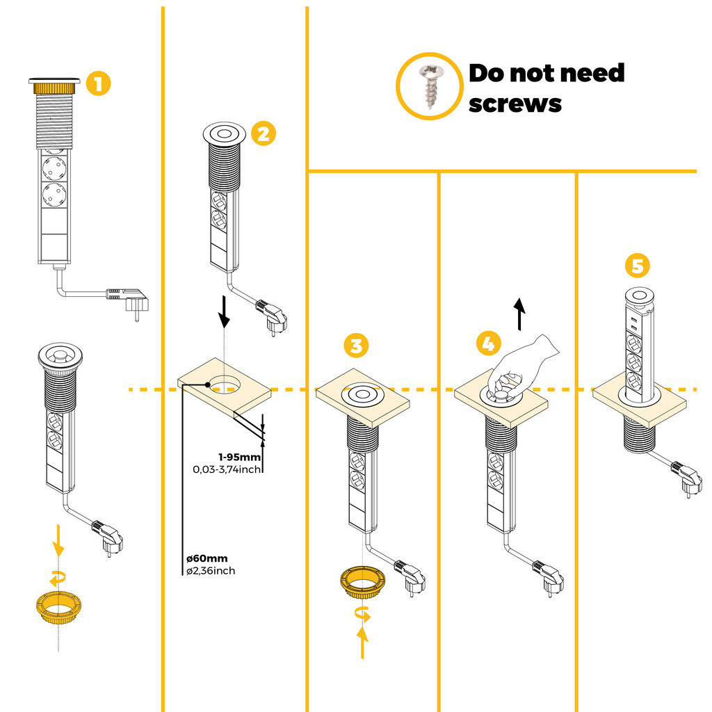 Multiconector extraíble Vertikal, 3 enchufes tipo Schuko, 2 USB tipo A, Plástico y Aluminio, Gris metalizado-5