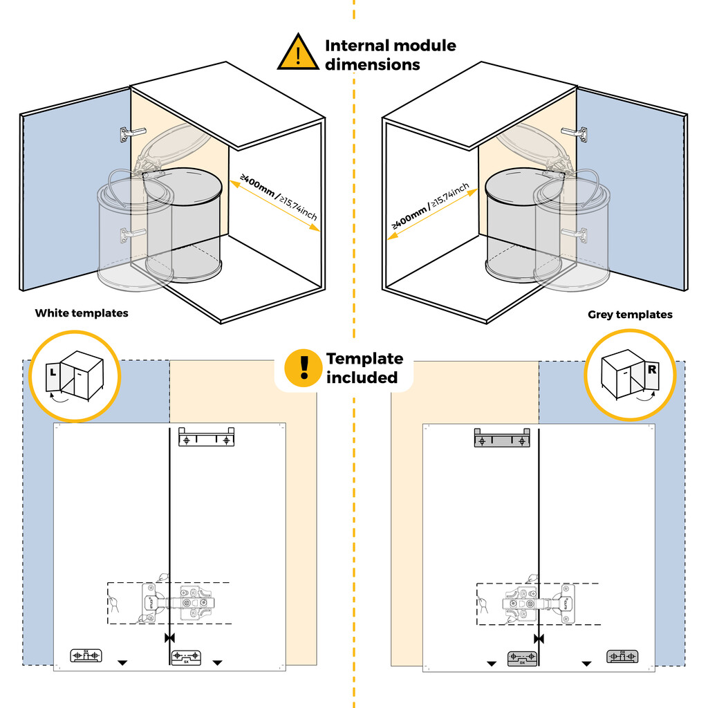 Contenedor de reciclaje para fijación a la puerta del mueble, 1 vaso extraíble de 13 litros, Plástico, Blanco-12