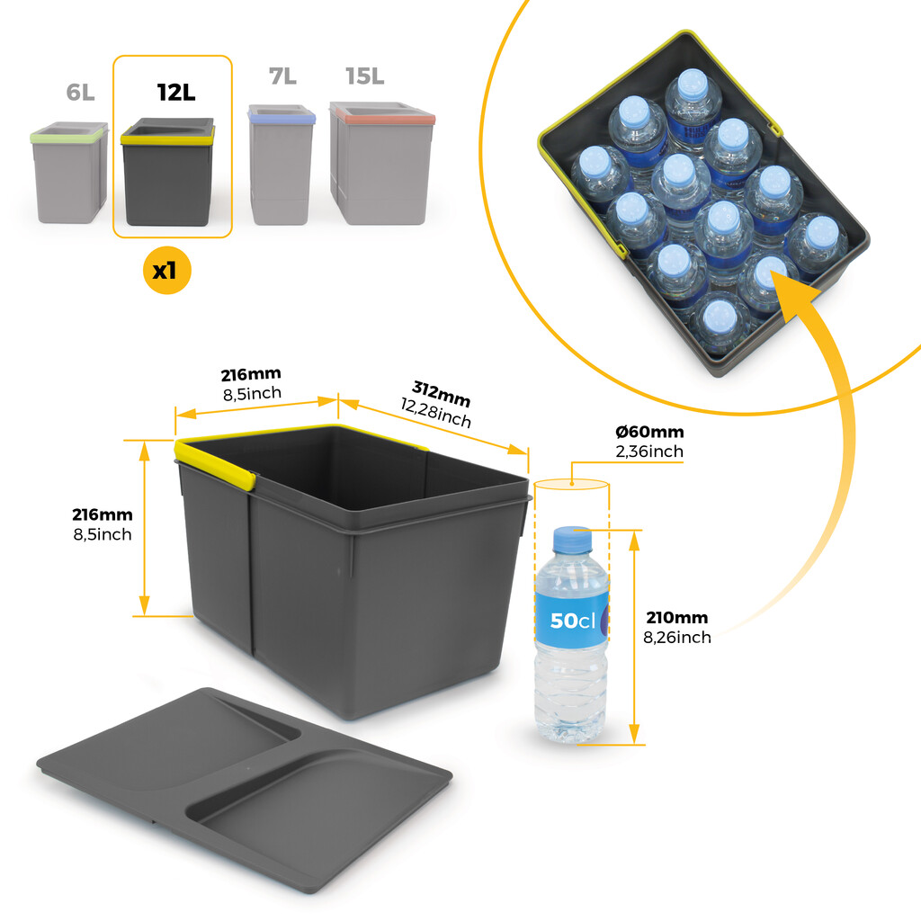 Lot Recycle Behälter für Küchenschublade, Höhe 216mm, 1x12Liter, Kunststoff anthrazitgrau-5