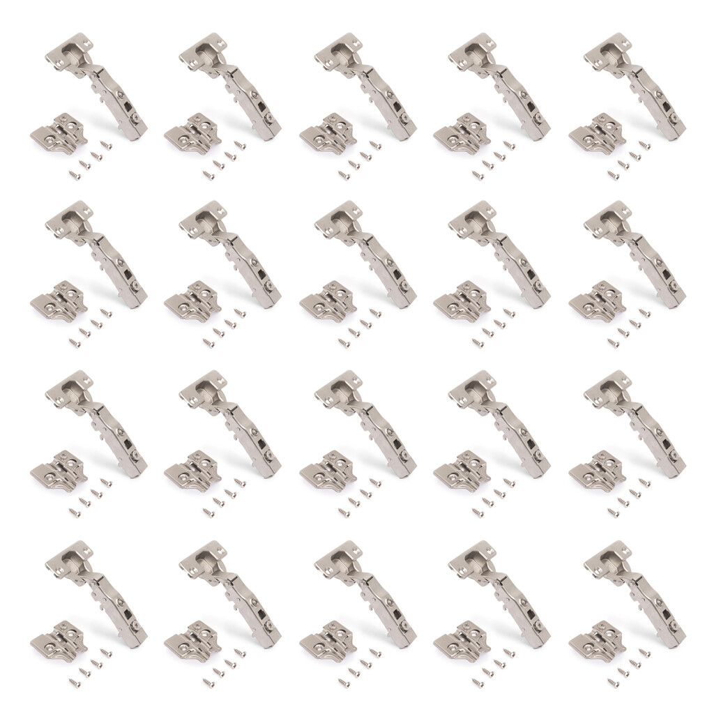 Lot of 20 X91 full Overlay hinges with soft closing and Screw-on plates, Height 0, Steel, Nickel plated-Primary