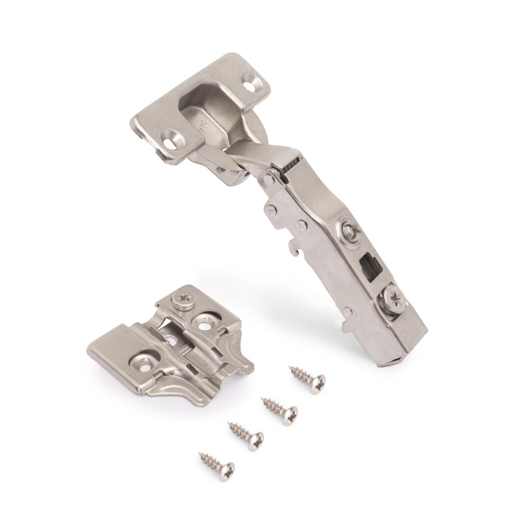 Lot of 20 X91 full Overlay hinges with soft closing and Screw-on plates, Height 0, Steel, Nickel plated-3