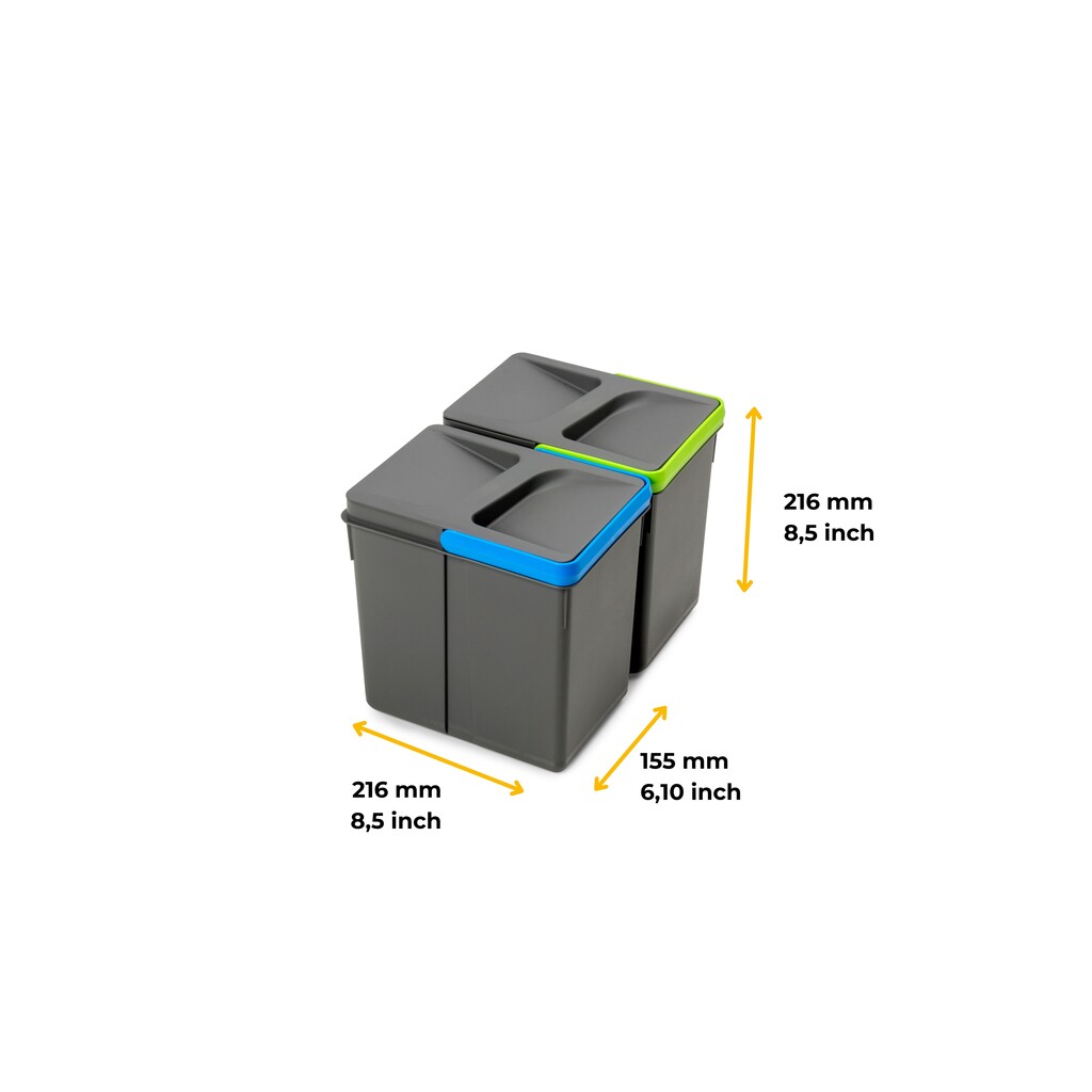 Kit de bacs de tri sélectif pour tiroirs de cuisine Recycle hauteur 216mm, 2x6litres, Plastique gris anthracite-2