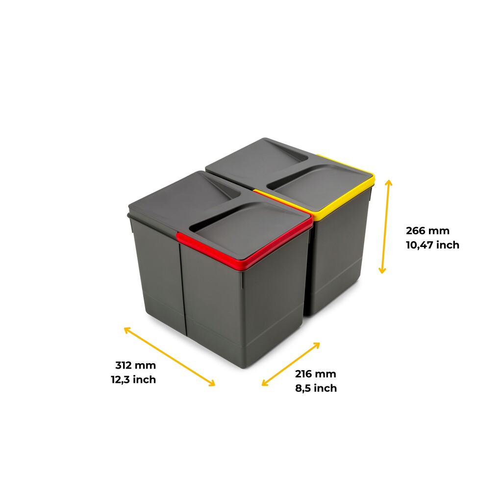 Kit of recycling bins for kitchen drawer Recycle height 266mm, 2x15litres, Anthracite grey Plastic-2