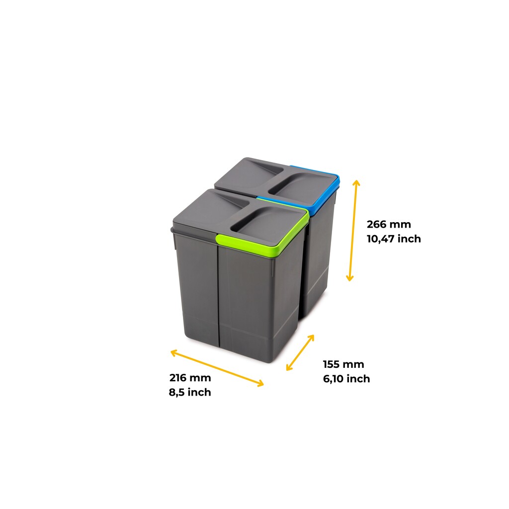 Kit of recycling bins for kitchen drawer Recycle height 266mm, 2x7litres, Anthracite grey Plastic-2
