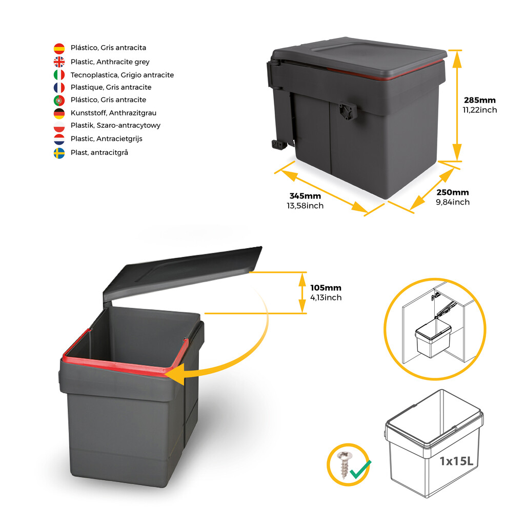 Contenedor de reciclaje para fijación a la puerta del mueble Recycle, 1 vaso extraíble de 15 litros, Plástico gris antracita-7