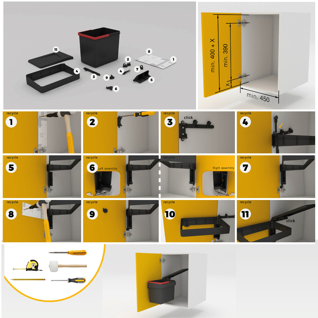 Contenedor de reciclaje para fijación a la puerta del mueble Recycle, 1 vaso extraíble de 15 litros, Plástico gris antracita-8