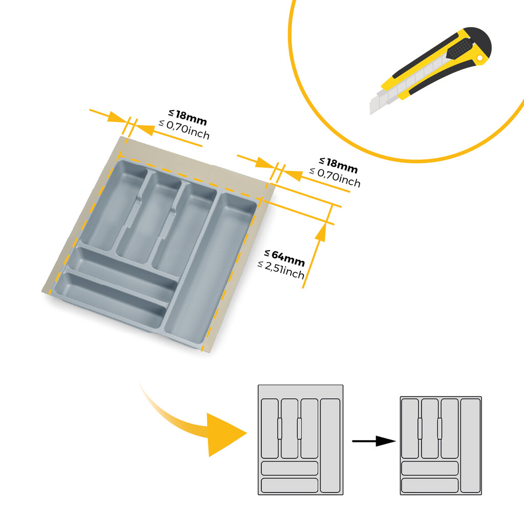 Besteckeinsatz Optima für Universalschublade, Modul 450mm, Kunststoff, Grau, 20 Stück.-2