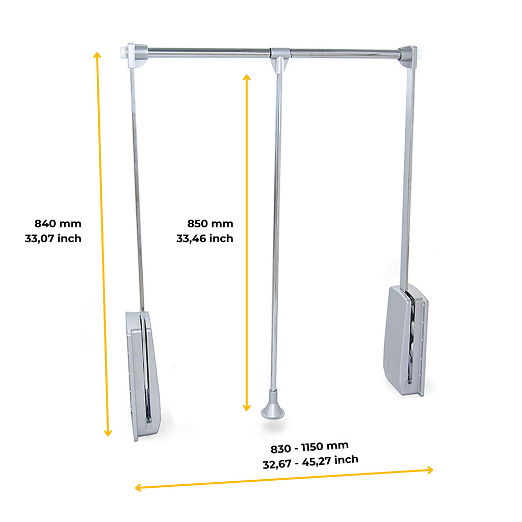 Hang pull down wardrobe rail lift, 830 - 1150, Chrome plated, Steel and Plastic-2