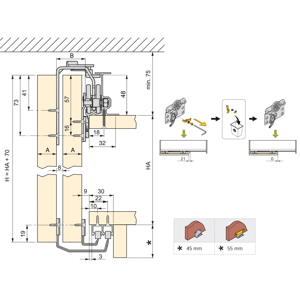 Zestaw wózków Neco do górnej szyny nośnej i dolnej szyny wpuszczanej do drzwi przesuwnych, BEZ regulacji, grubość 21mm, 2 drzwi-1