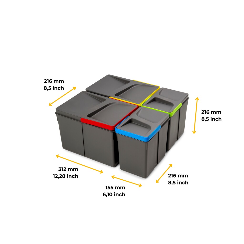 Lot RecyclingRecyclingbehälterRecycle für Küchenschublade, Höhe 216mm, 2x12l, 2x6l, Kunststoff anthrazitgrau-2