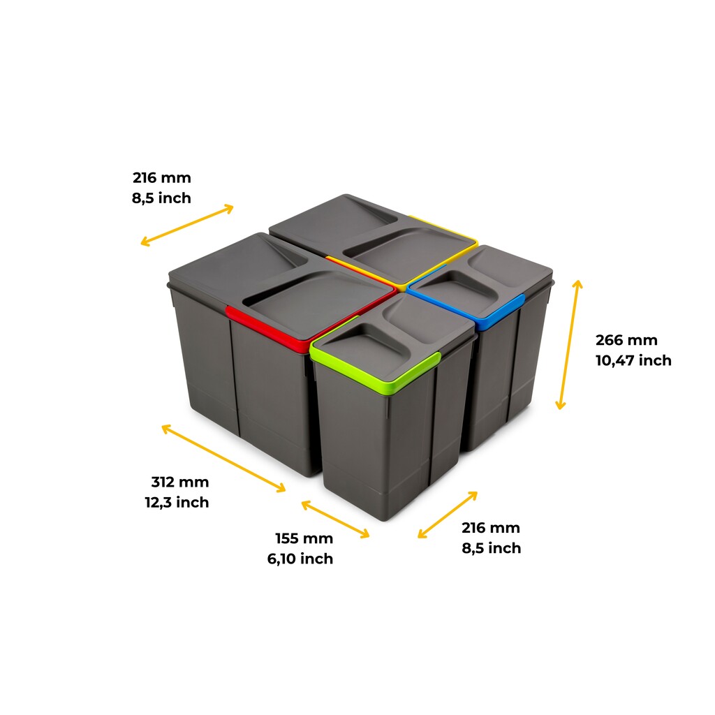 Kit of recycling bins for kitchen drawer Recycle height 266mm, 2x15litres, 2x7litres, Anthracite grey plastic-2