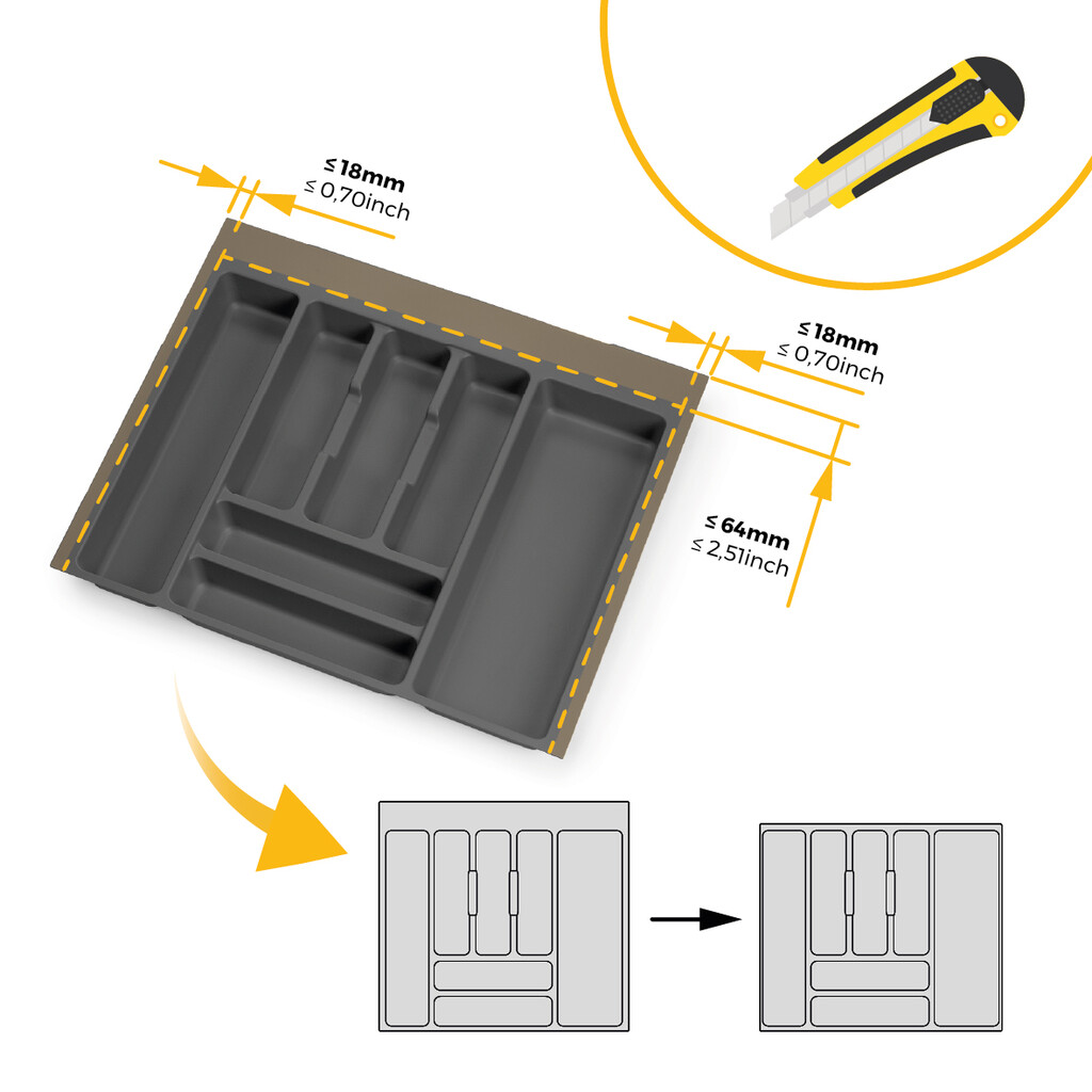 range-couverts Optima pour tiroir universel, module 600mm, Plastique, Gris antracite, 20 unités.-2