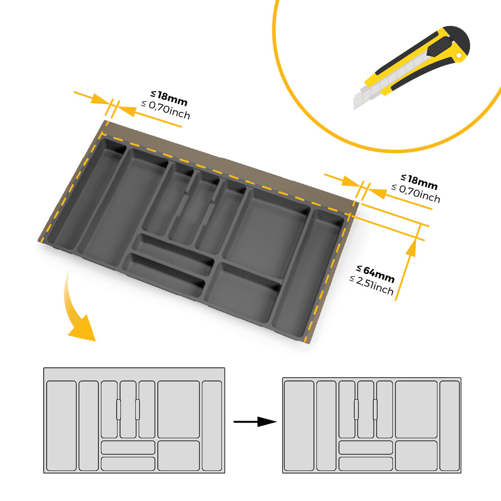 Optima cutlery tray for Universal drawer, module 900mm, Plastic, Anthracite grey, 10 pcs.-2