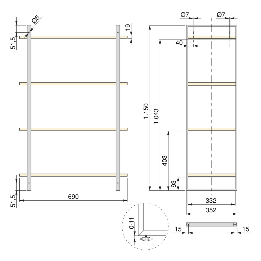 Kit of Lader Shelving with frame and shelves, height 1150mm, Steel, Black painted and Wood-1