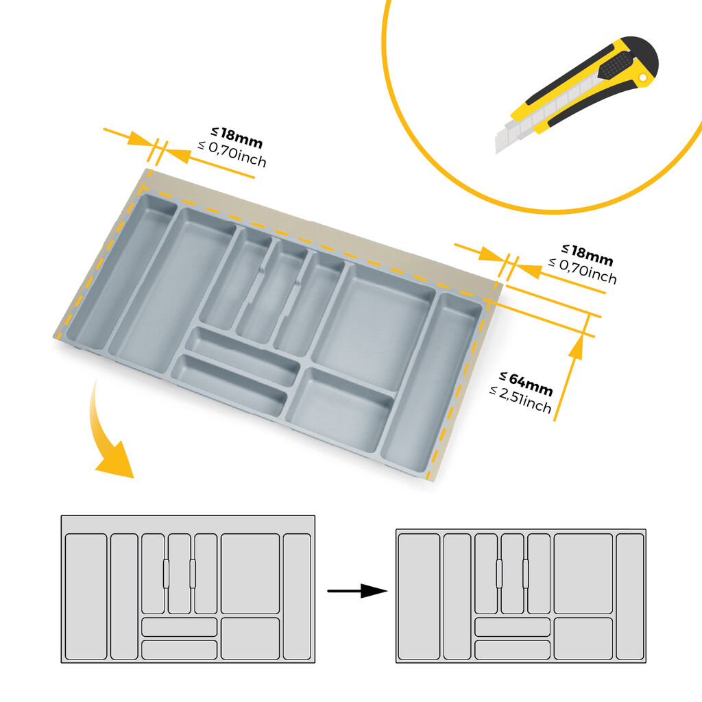 Besteckeinsatz Optima für Universalschublade, Modul 900mm, Kunststoff, Grau-2